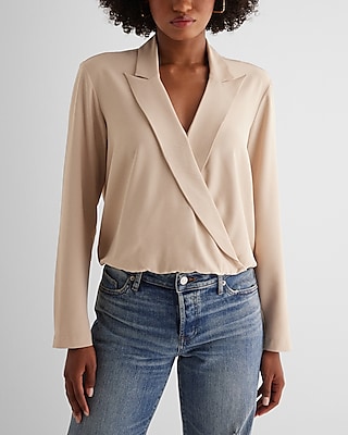 Collared V-Neck Long Sleeve Faux Wrap Front Top
