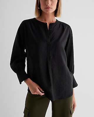 Gathered Sleeve Half Button Up Shirt Black Women's XL