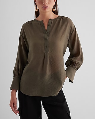 Gathered Sleeve Half Button Up Shirt Green Women's L