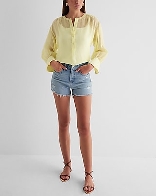 Gathered Sleeve Half Button Up Shirt Yellow Women's XS