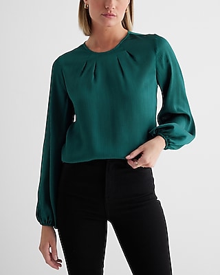 Satin Textured Gathered Neck Balloon Sleeve Top Green Women's XS