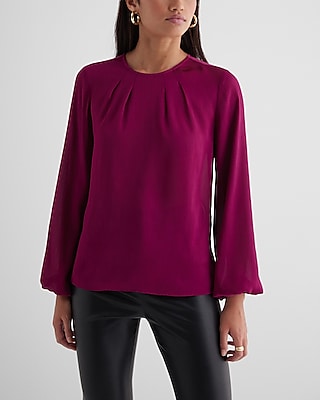 Satin Textured Gathered Neck Balloon Sleeve Top Pink Women's M