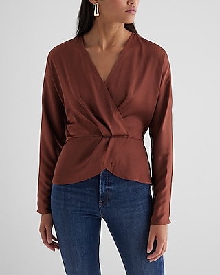 Satin Draped Faux Wrap Peplum Top Neutral Women's L