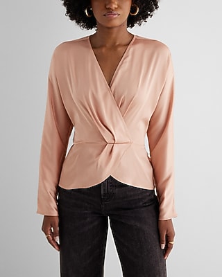 Satin Draped Faux Wrap Peplum Top Black Women's M