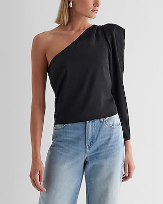 Satin One Shoulder Puff Sleeve Top Black Women's XS