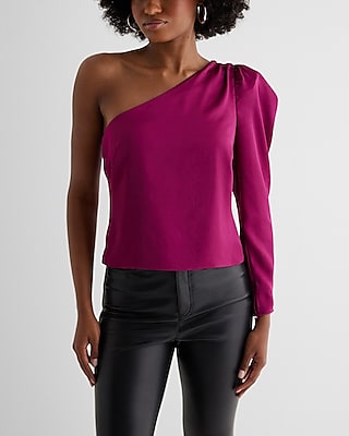 Satin One Shoulder Puff Sleeve Top Pink Women's M