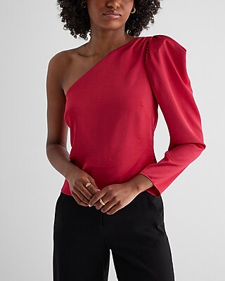 Satin One Shoulder Puff Sleeve Top Pink Women's S