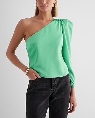 Satin One Shoulder Puff Sleeve Top Green Women's XL