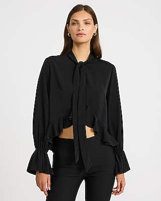 Tie Neck Open Front Long Sleeve Ruffle Top