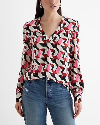 Printed V-Neck Long Sleeve Gathered Front Top