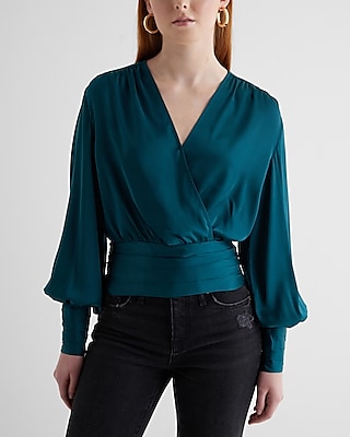 Satin V-Neck Balloon Sleeve Faux Wrap Top Green Women's S