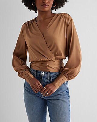 Satin V-Neck Balloon Sleeve Faux Wrap Top Brown Women's XS