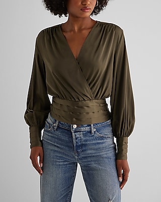 Satin V-Neck Balloon Sleeve Faux Wrap Top Green Women's M