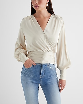 Satin V-Neck Balloon Sleeve Faux Wrap Top Neutral Women's XS