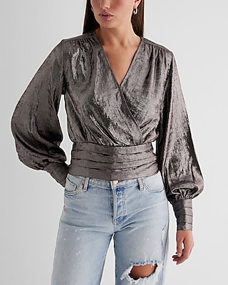 Metallic V-Neck Balloon Sleeve Faux Wrap Top Brown Women's XL