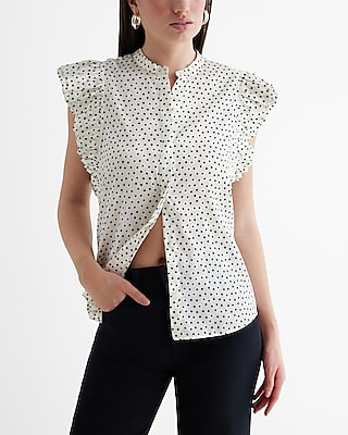 Polka Dot Flutter Sleeve Button Up Gramercy Shirt Black Women's XL