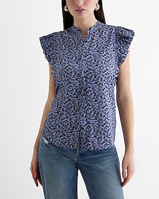 Floral Flutter Sleeve Button Up Gramercy Shirt Multi-Color Women's XL