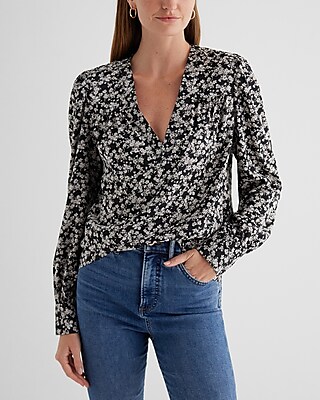 Satin Floral V-Neck Cuff Sleeve Top
