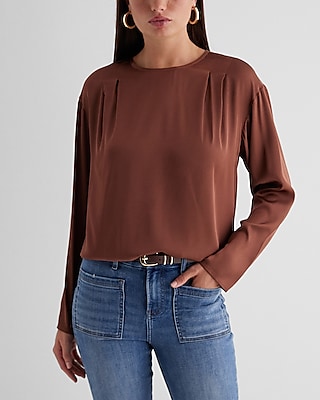 Satin Long Sleeve Pleated Gramercy Tee Brown Women's XL
