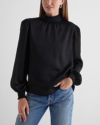 Textured Satin Smocked Mock Neck Long Sleeve Top Black Women's XL