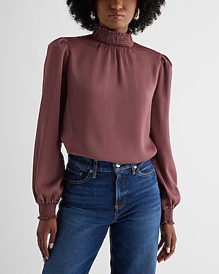 Textured Satin Smocked Mock Neck Long Sleeve Top Purple Women's XL