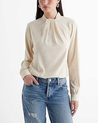 Satin Twist Mock Neck Long Sleeve Top Neutral Women's XS
