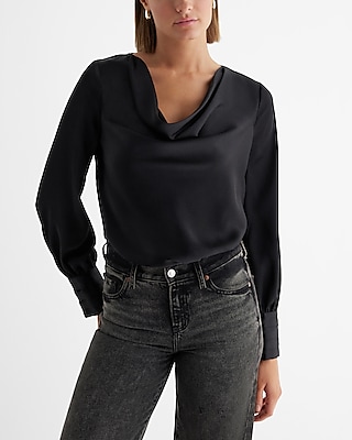 Satin Cowl Neck Long Sleeve Bodysuit Black Women's L