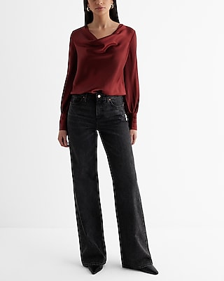 Satin Cowl Neck Long Sleeve Bodysuit Red Women's S