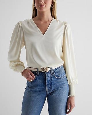 Satin V-Neck Long Sleeve Smocked Cuff Top White Women's M