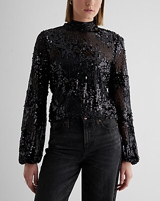 Sequin Mock Neck Balloon Sleeve Top Black Women's XL