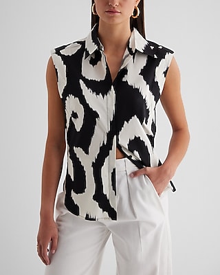 Printed Tapered Sleeveless Button Up Shirt