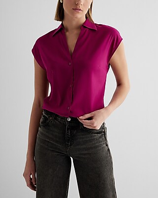 Satin V-Neck Cap Sleeve Open Collar Shirt Pink Women's L