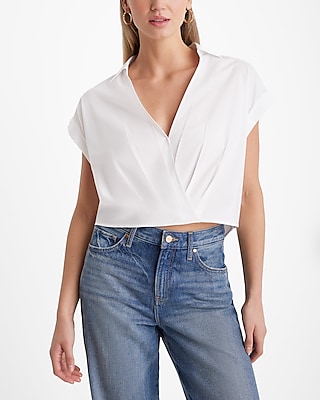 V-Neck Rolled Sleeve Pleated Surplice Crop Top White Women's