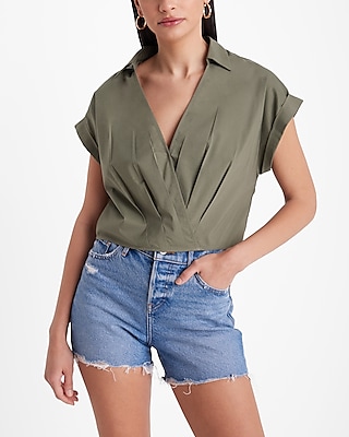 V-Neck Rolled Sleeve Pleated Surplice Crop Top Green Women's