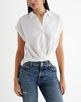 Short Cuff Sleeve Twist Front Shirt White Women's XL