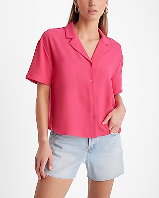 Short Sleeve Button Up Boxy Shirt Pink Women's XL