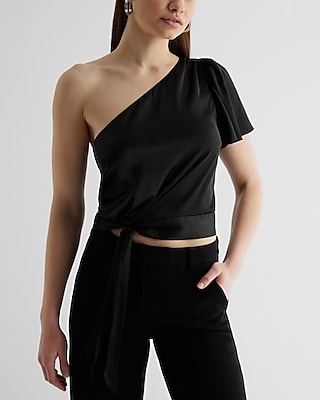 Satin One Shoulder Tie Waist Top Black Women's M