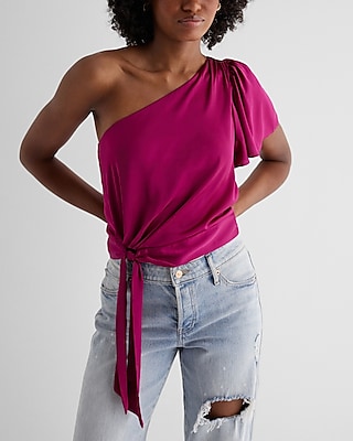 Satin One Shoulder Tie Waist Top