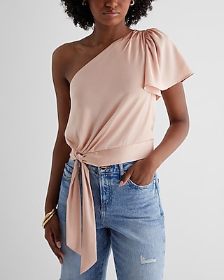 Satin One Shoulder Tie Waist Top Pink Women's M