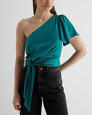 Satin One Shoulder Tie Waist Top Blue Women's XS