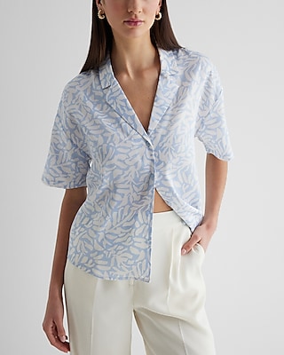 Printed Short Sleeve Button Up Boxy Shirt