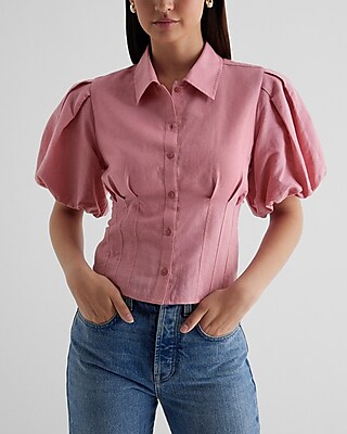 Linen-Blend Puff Sleeve Corset Button Up Shirt