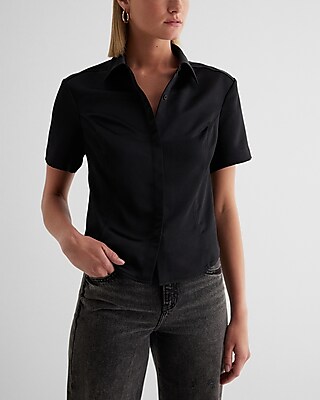 Fitted Satin Short Sleeve Button Up Shirt Black Women's XS