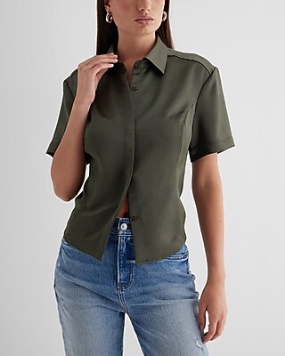 Fitted Satin Short Sleeve Button Up Shirt Green Women's S