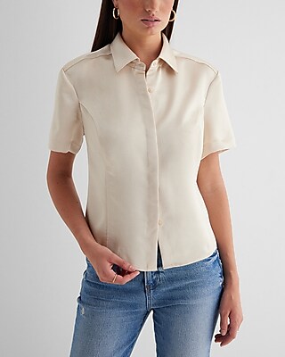 Fitted Satin Short Sleeve Button Up Shirt Neutral Women's S
