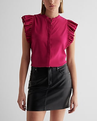 Satin Flutter Sleeve Button Up Gramercy Shirt Pink Women's XL