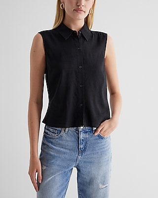 Linen-Blend Sleeveless Button Up Shirt Black Women's M