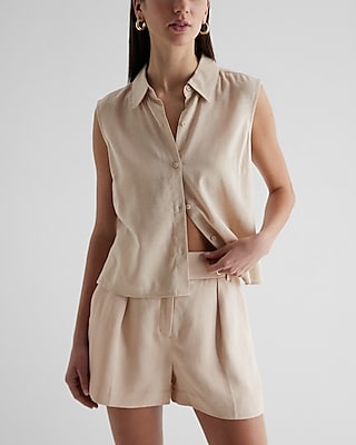 Linen-Blend Sleeveless Button Up Shirt Neutral Women's XL