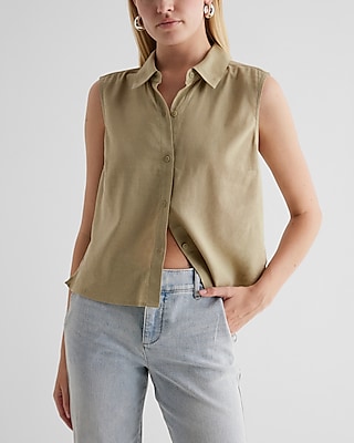 Linen-Blend Sleeveless Button Up Shirt Green Women's XL