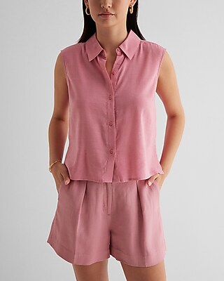 Linen-Blend Sleeveless Button Up Shirt Pink Women's XL